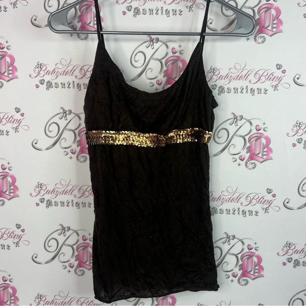 Tank top sequins sparkly y2k crinkle brown Sequin Trim Cami Top